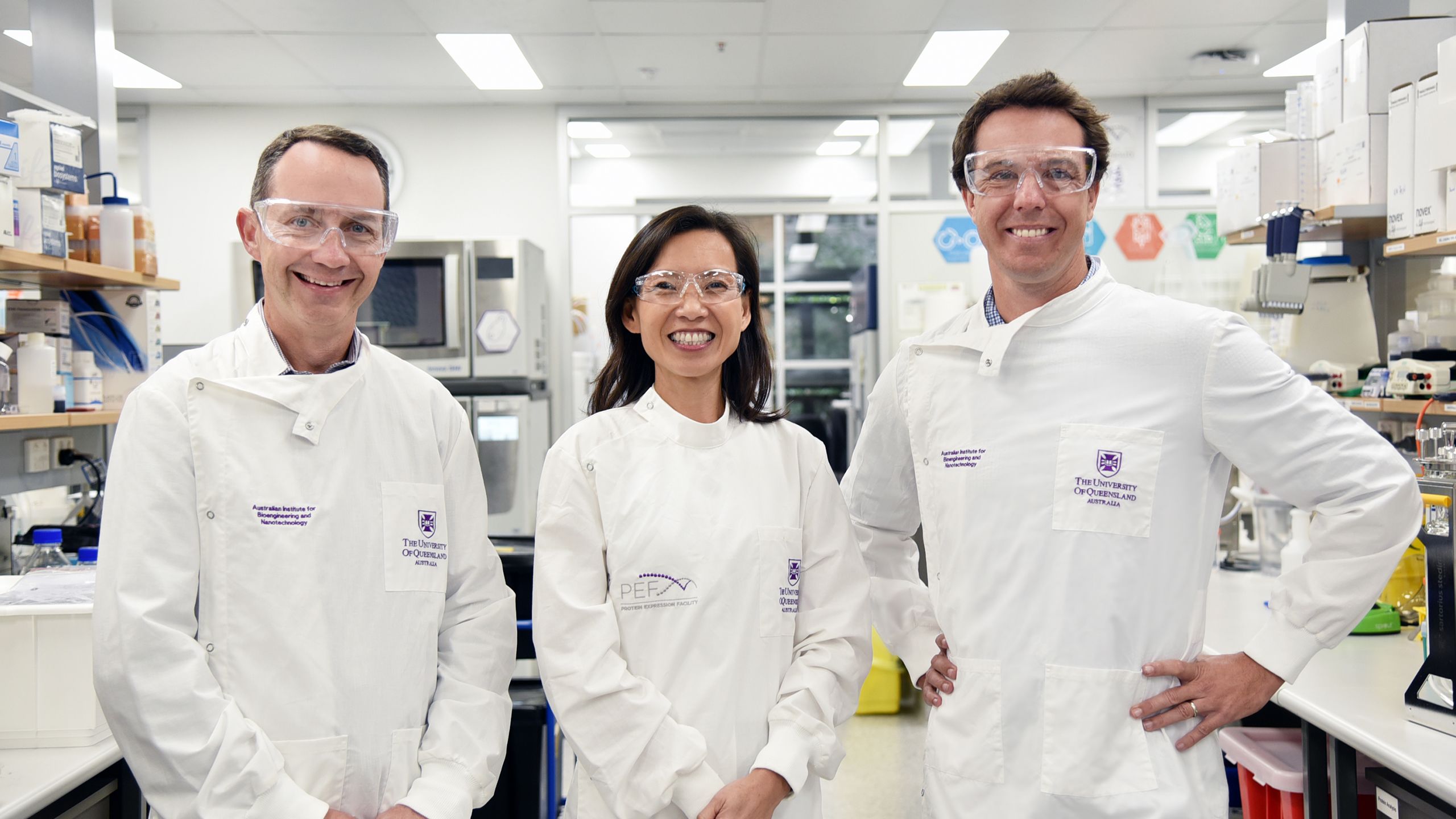 Professor Trent Munro, Professor Linda Lua and Associate Professor Timothy Mercer in UQ's PEF lab