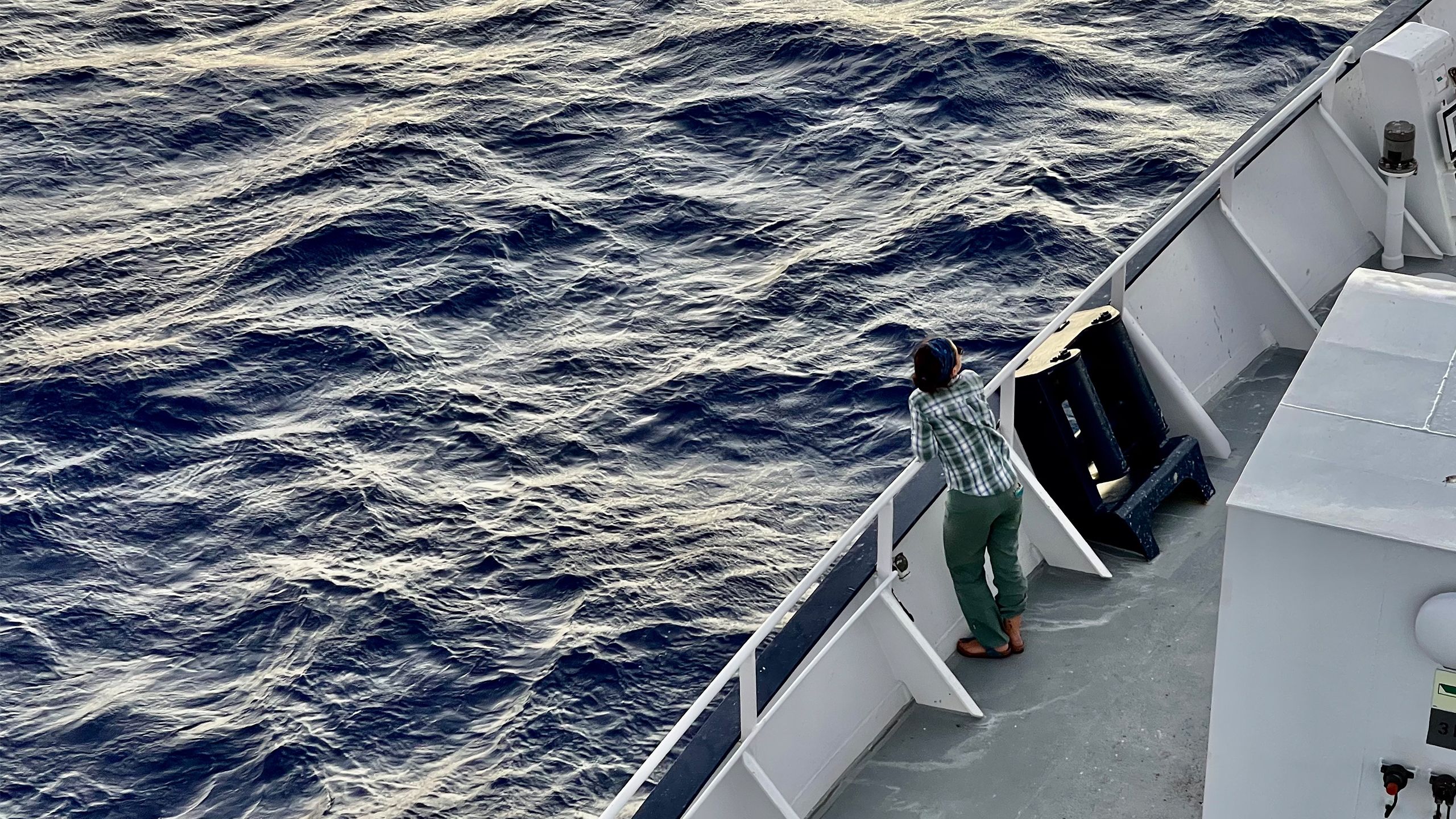 Dr Derya Gürer standing at the bow of Schmidt Ocean Institute’s research vessel Falkor with the ocean in front of her. 