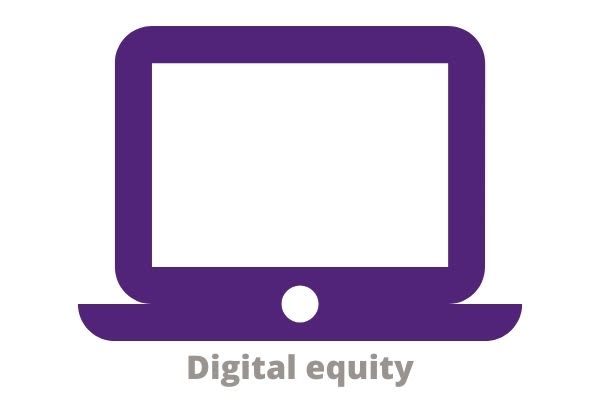 Infographic of computer with text underneath: Digital equity.