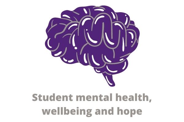 Infographic of brain with text underneath: Student mental health, wellbeing and hope.