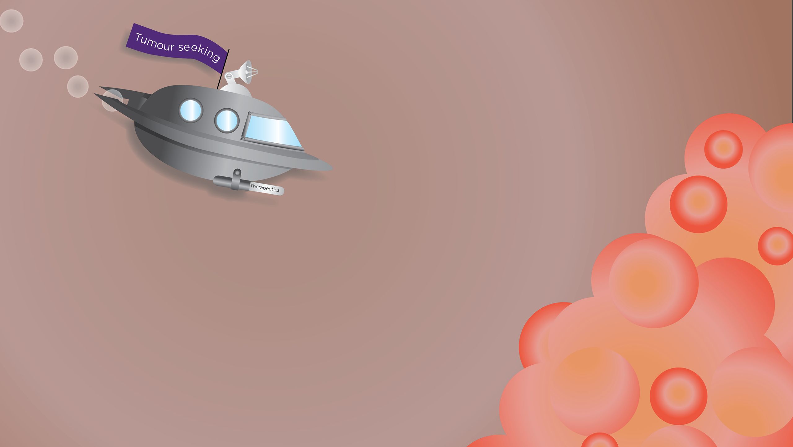 A graphic illustration of a spaceship carrying therapeutics flying towards cancer cells