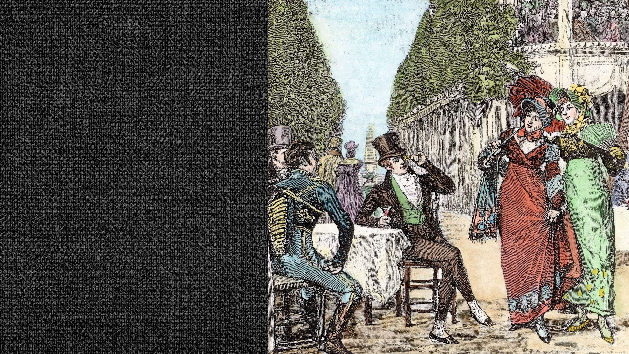 A coloured sketch of a Regency-era scene showing two ladies walking past a table where a man in a top hat is observing them.