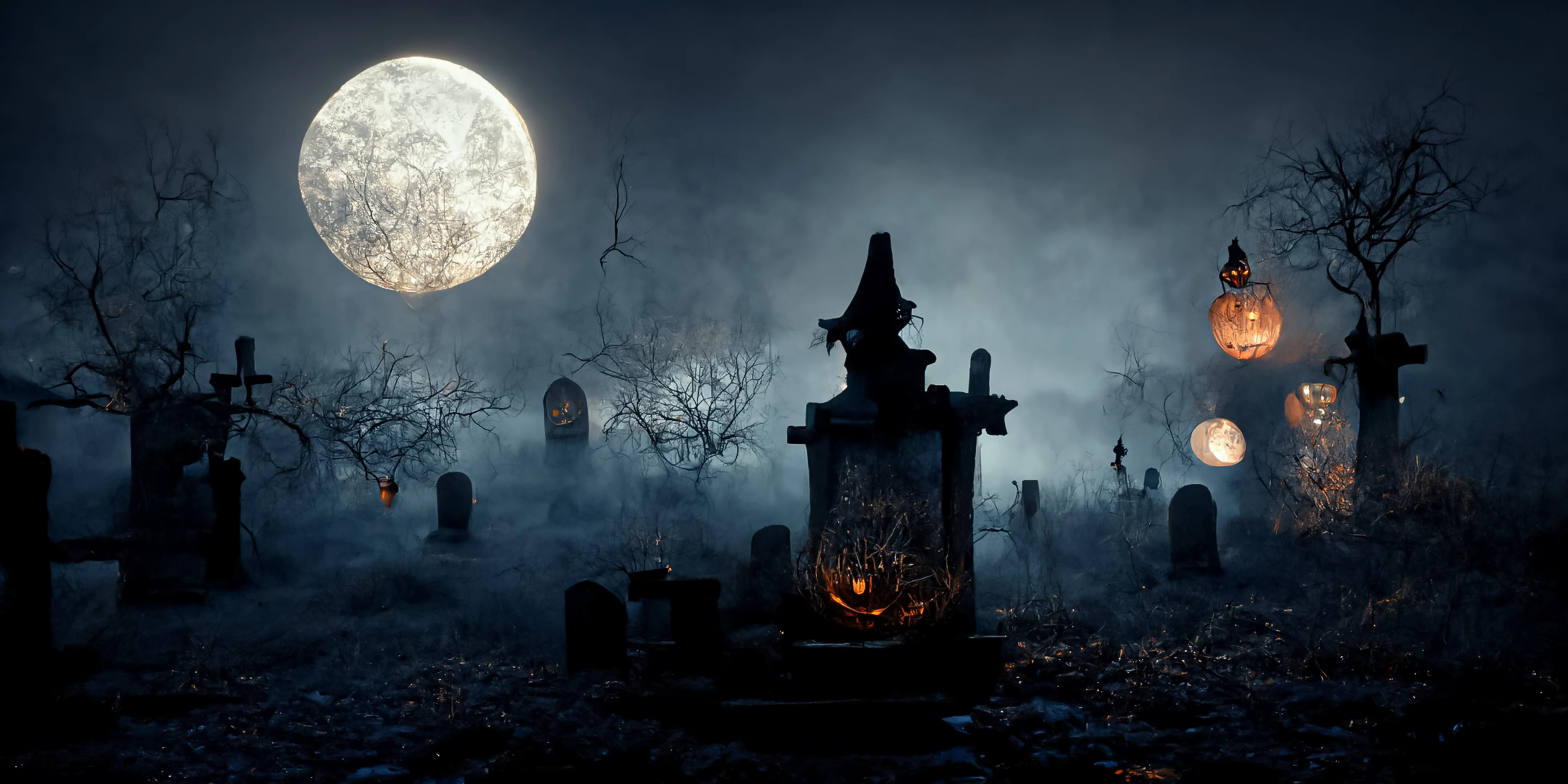 A foggy graveyard under a full moon. Jack-o-lanterns and leafless trees are scattered around the graveyard.