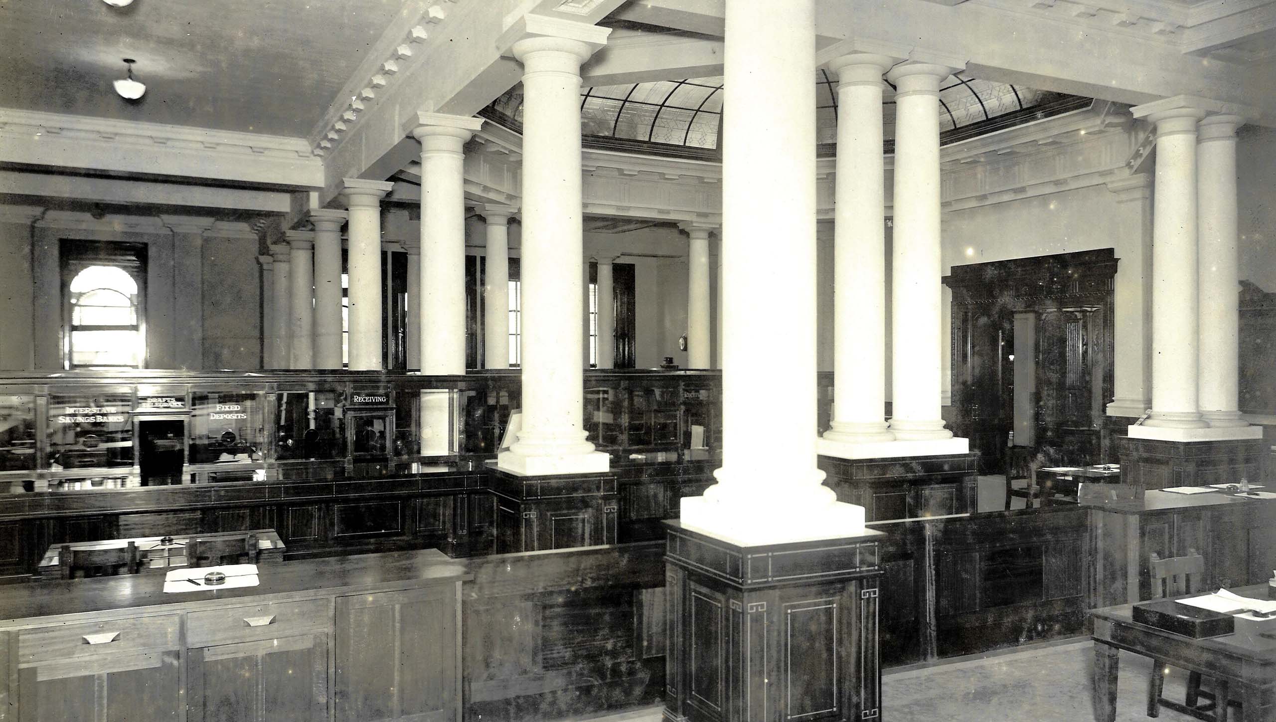 Historical photo inside the former Queensland National Bank in 1922. 