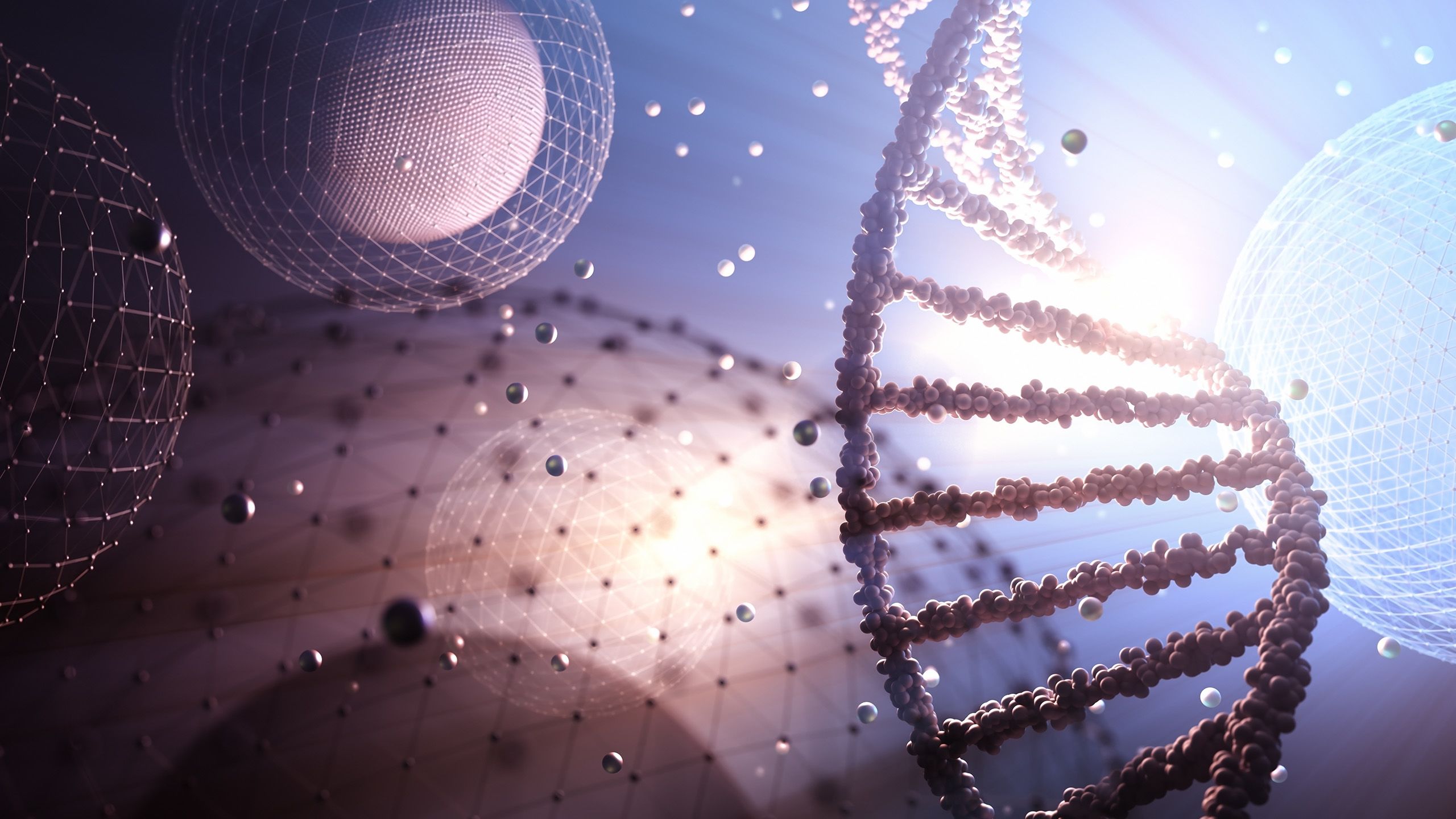A digital illustration of mRNA strands in front of circles made of data nodes