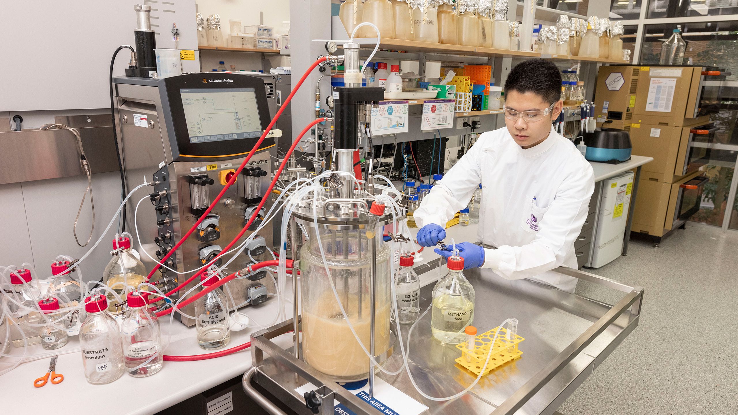 A man wearing a lab coat and safety goggles using a large piece of equipment in a laboratory. The equipment consists of a large half-filled container with tubes directed into several smaller containers.