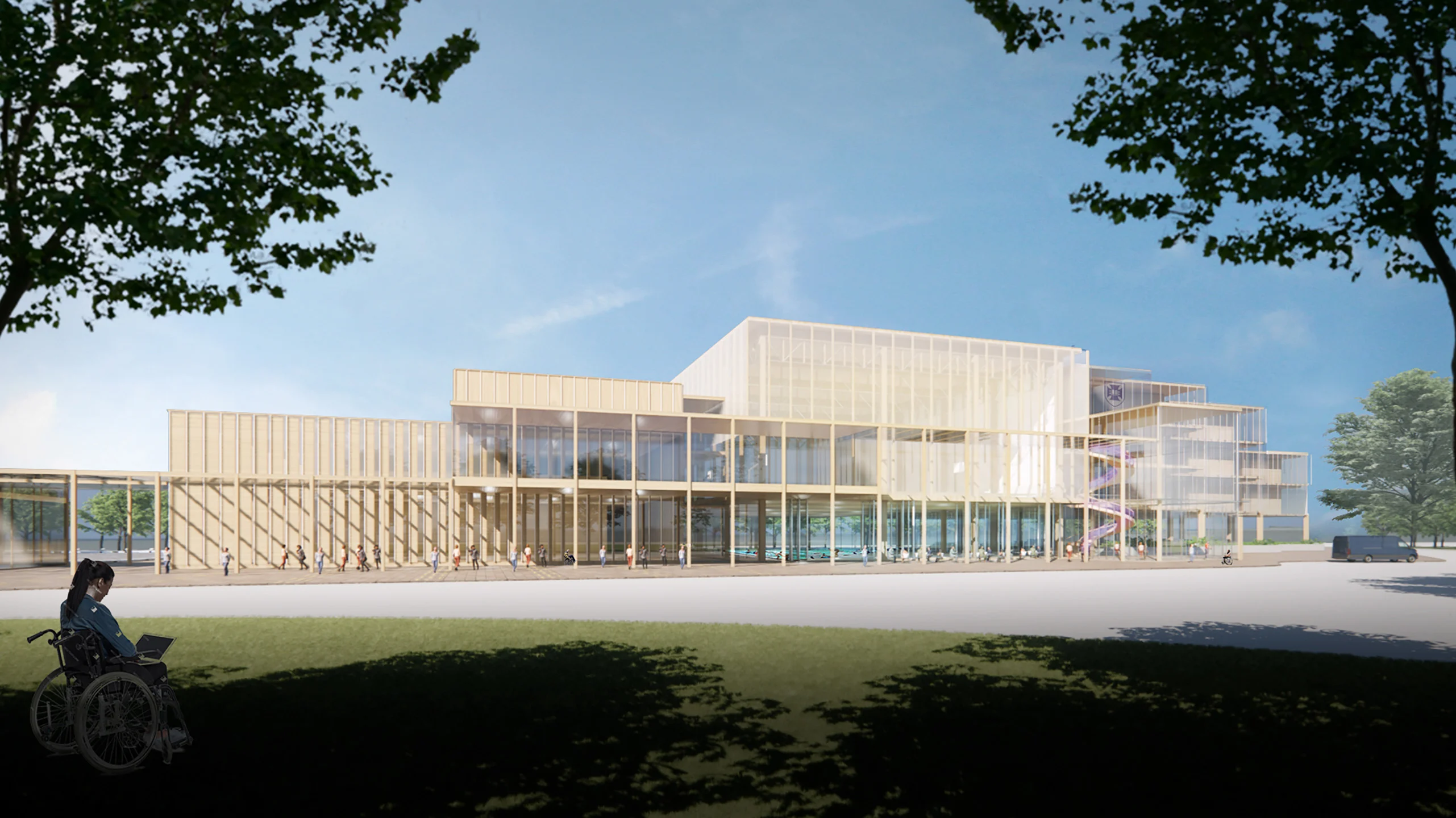 An artist's impression of a modern glass and wood building. A person in a wheelchair is on grass outside, and other people, both walking and wheelchair using, are inside the building