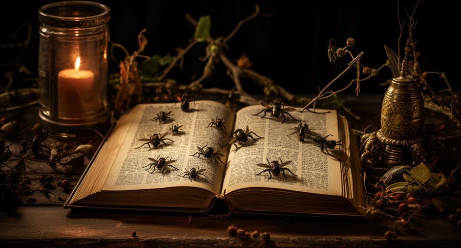 An open book covered with spiders and vines