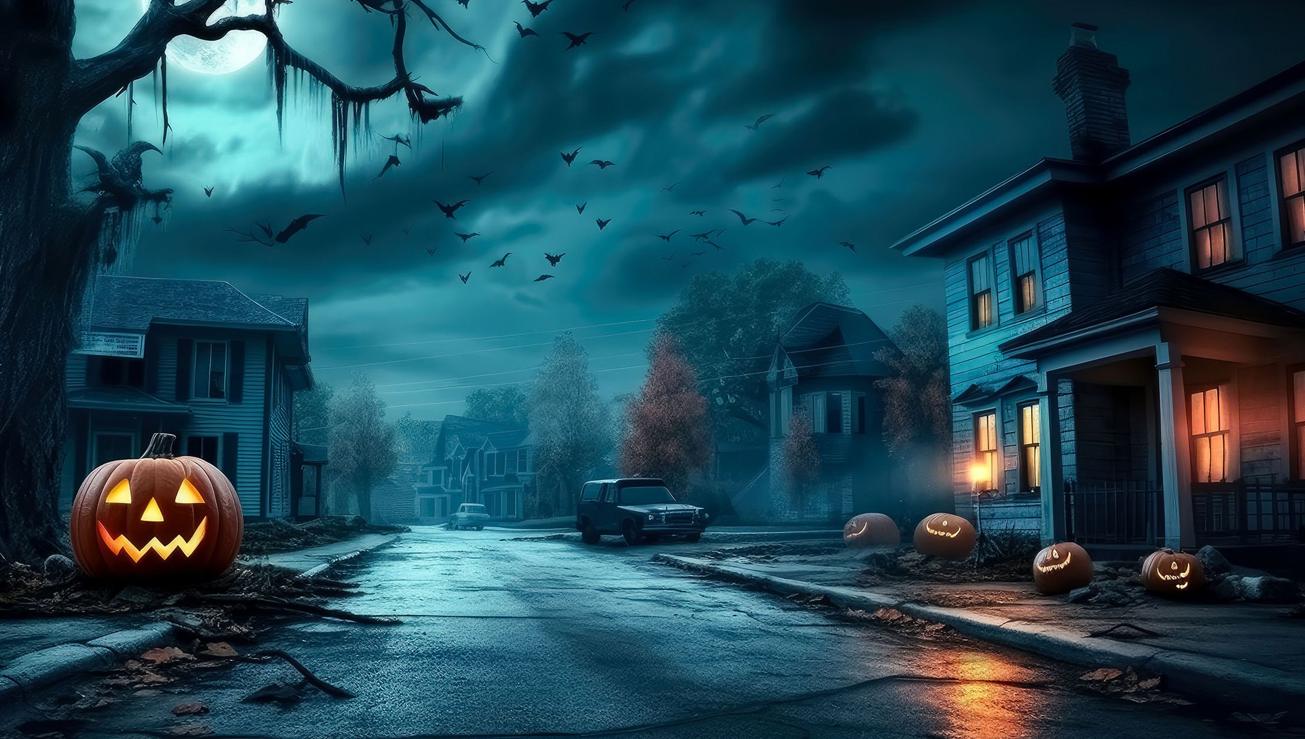 A dark street during a storm, the only light shining from a carved pumpkin and a house window