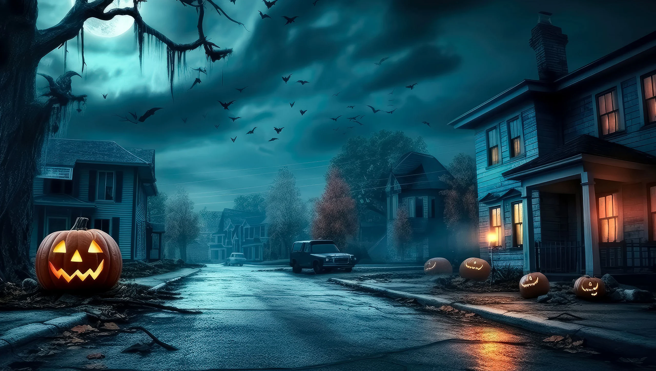 A dark street during a storm, the only light shining from a carved pumpkin and a house window
