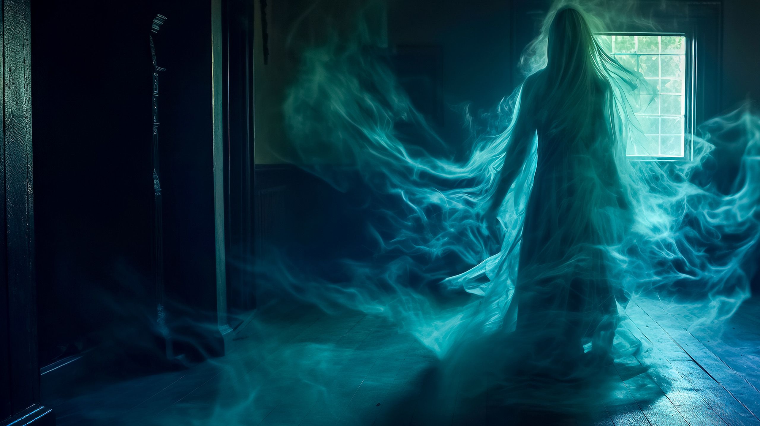 A dark spirt floating in an empty room