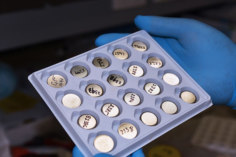 A tray containing 20 small round batteries is held by hand in a blue glove