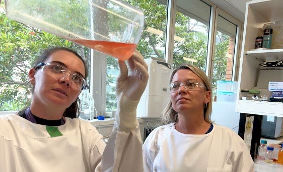 Two people in a lab wearing lab coats look at a container with orange liquid