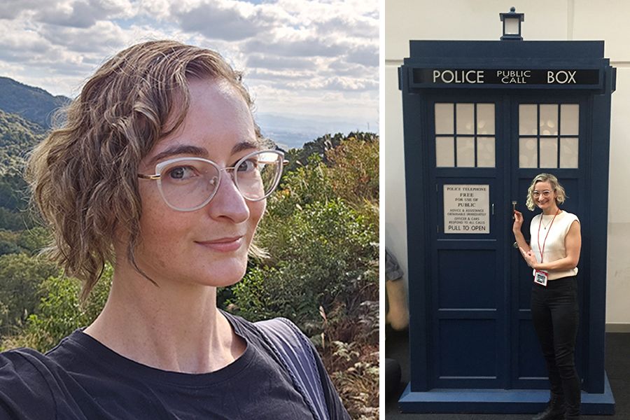 A portrait image of PhD student and author Joanne Anderton and an image of Joanne Anderton outside the 'Doctor Who' tardis.