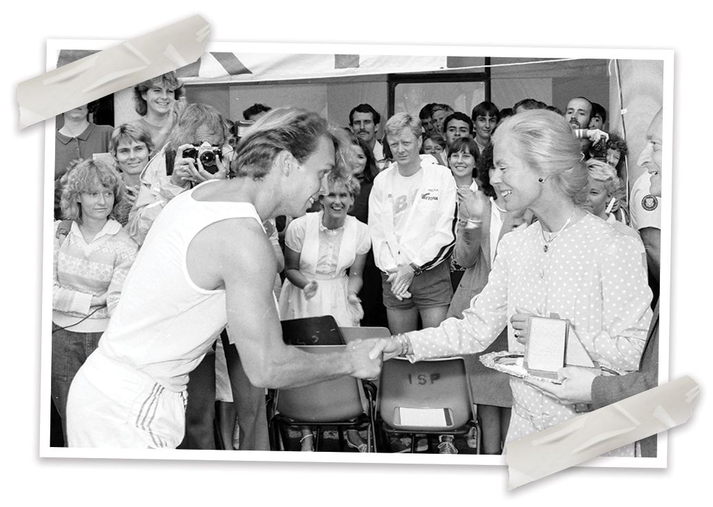 Inaugural Great Court Race winner Stephen Shirley accepts his trophy from the Duchess of Kent in 1985.