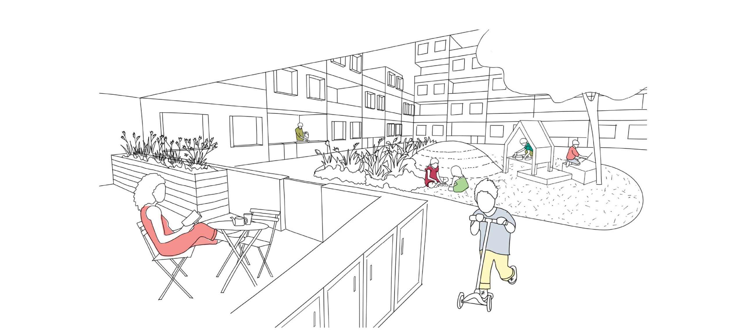 Sketch of apartment living with children's play spaces. Image by Natalia Krysiak