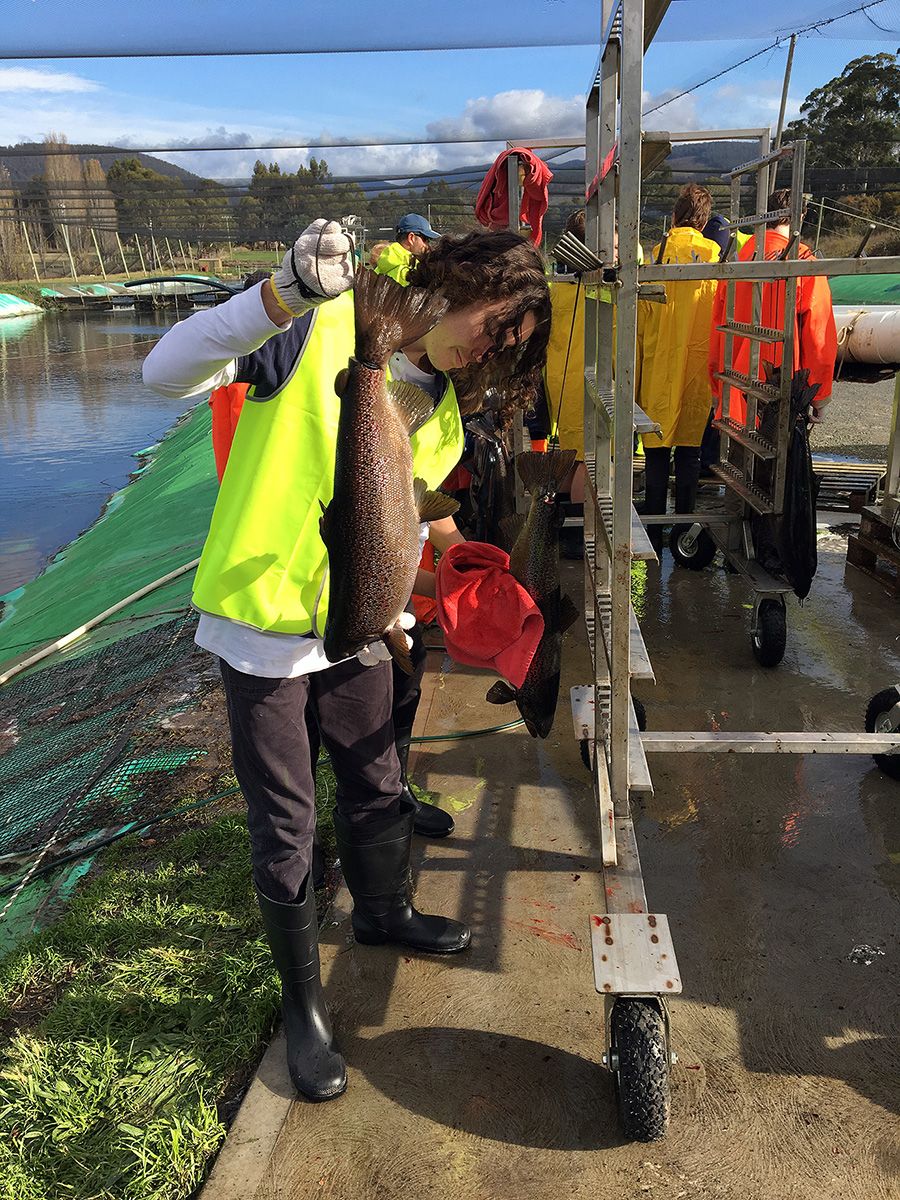 Aquaculture student holds fish.
