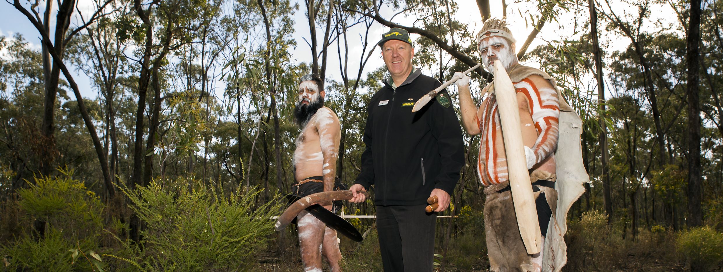Trent Nelson (Dja Dja Wurrung), Scott Falconer (Churchill Fellow), and Mick Bourke (Dja Dja Wurrung/Yorta Yorta), on Dja Dja Wurrung Country. Photo by DELWP, Victoria.