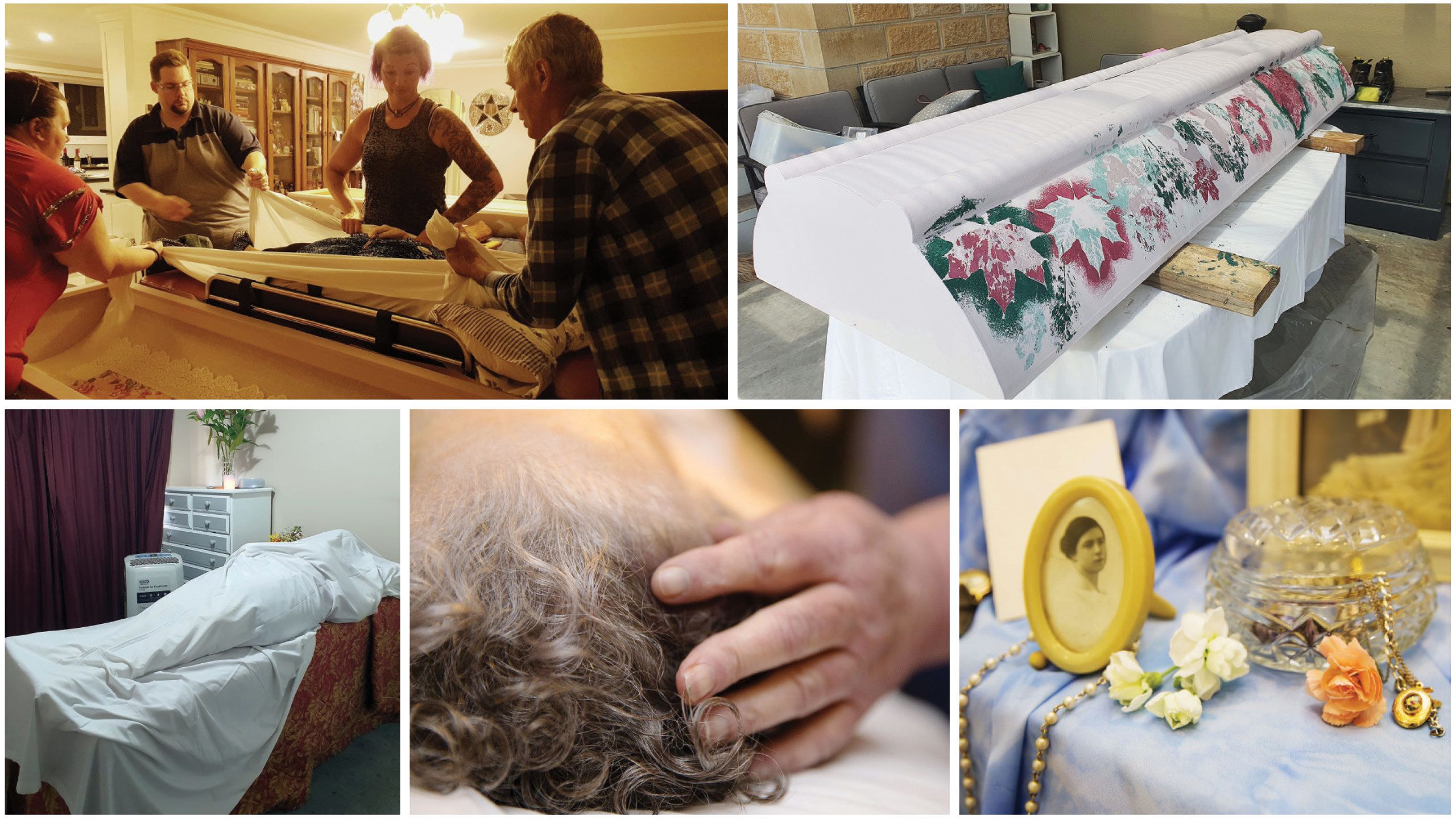 A selection of images showing what home funerals can look like: the gentle care of the deceased done by the family in a home setting.
