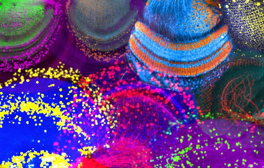 The infamous “brainbow” - brain cells visualised with many different coloured fluorescent proteins showing a rainbow of colours.