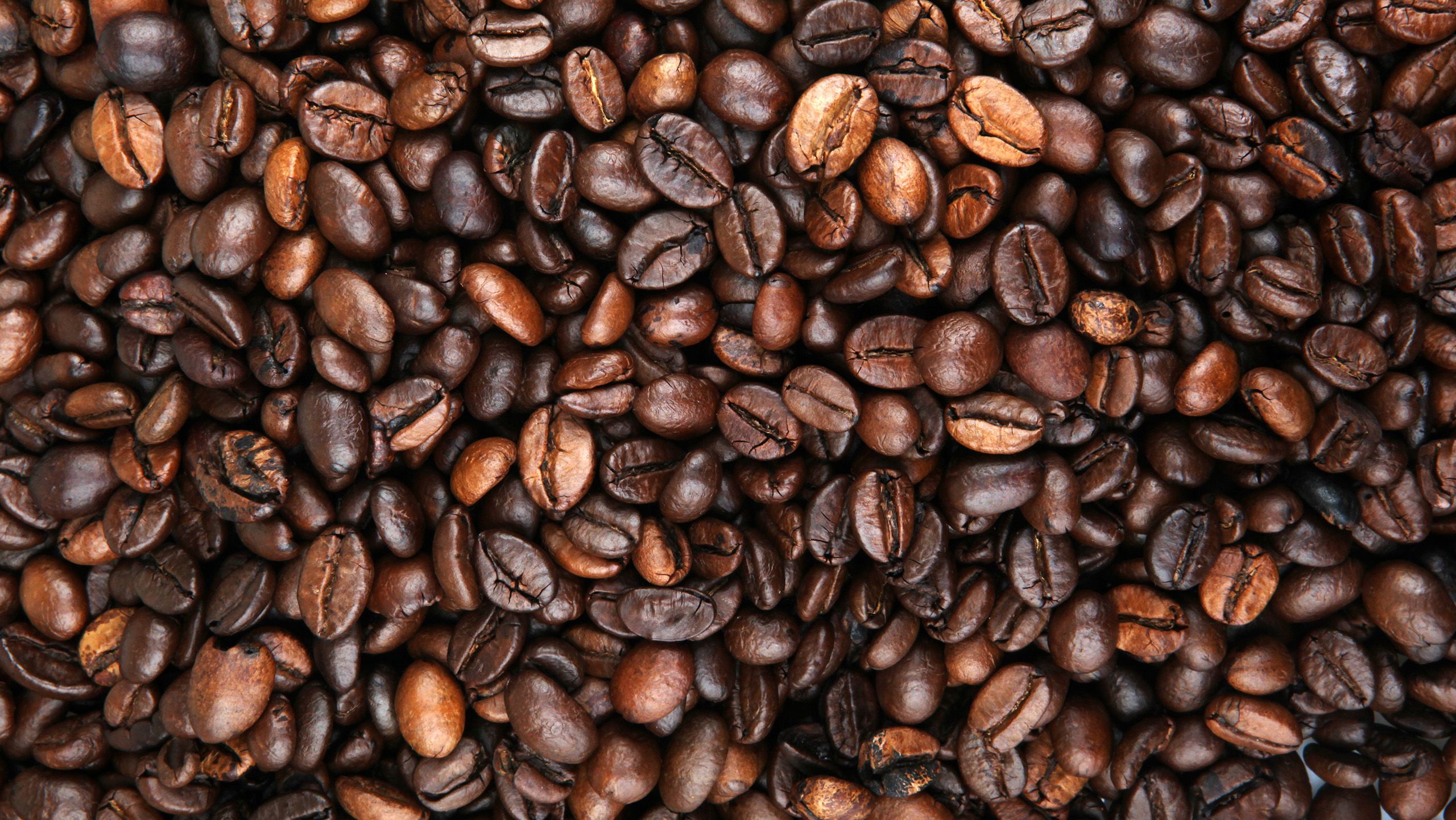 Roasted dark brown coffee beans completely covering a surface