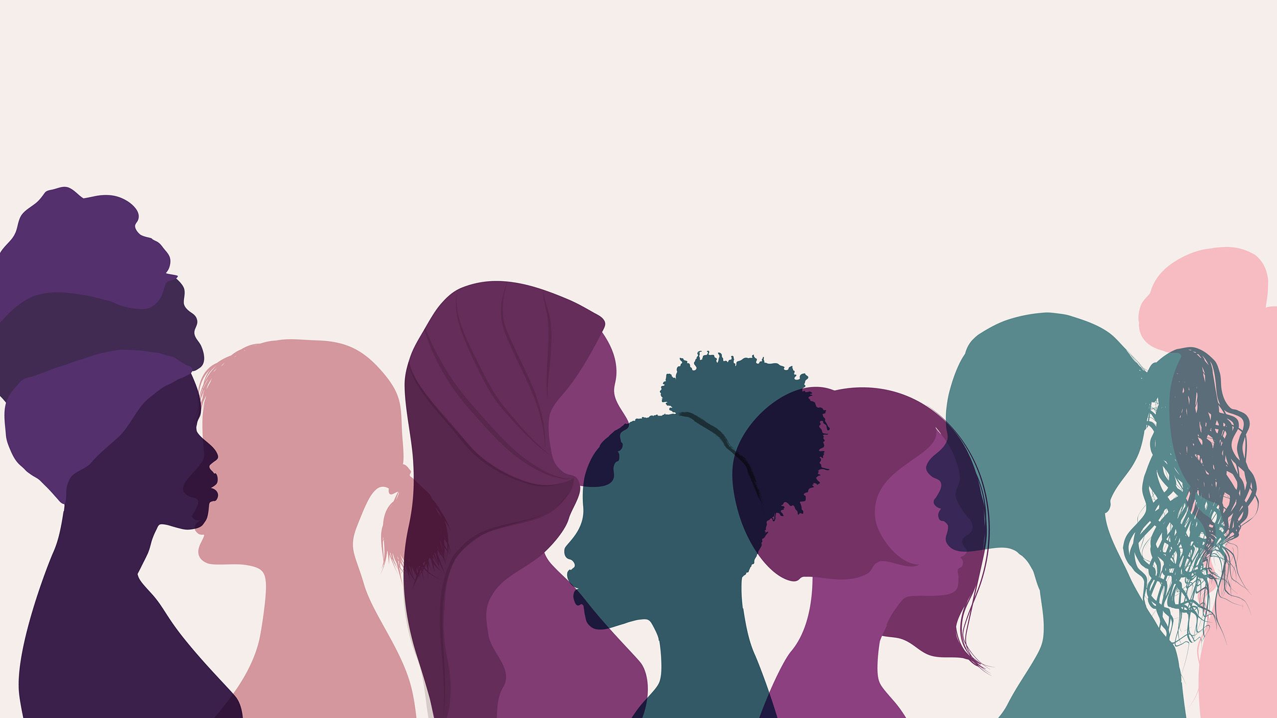 Silhouettes of the head and shoulders of 7 women in purple, pink and teal. Half are facing left and the other half are facing right.