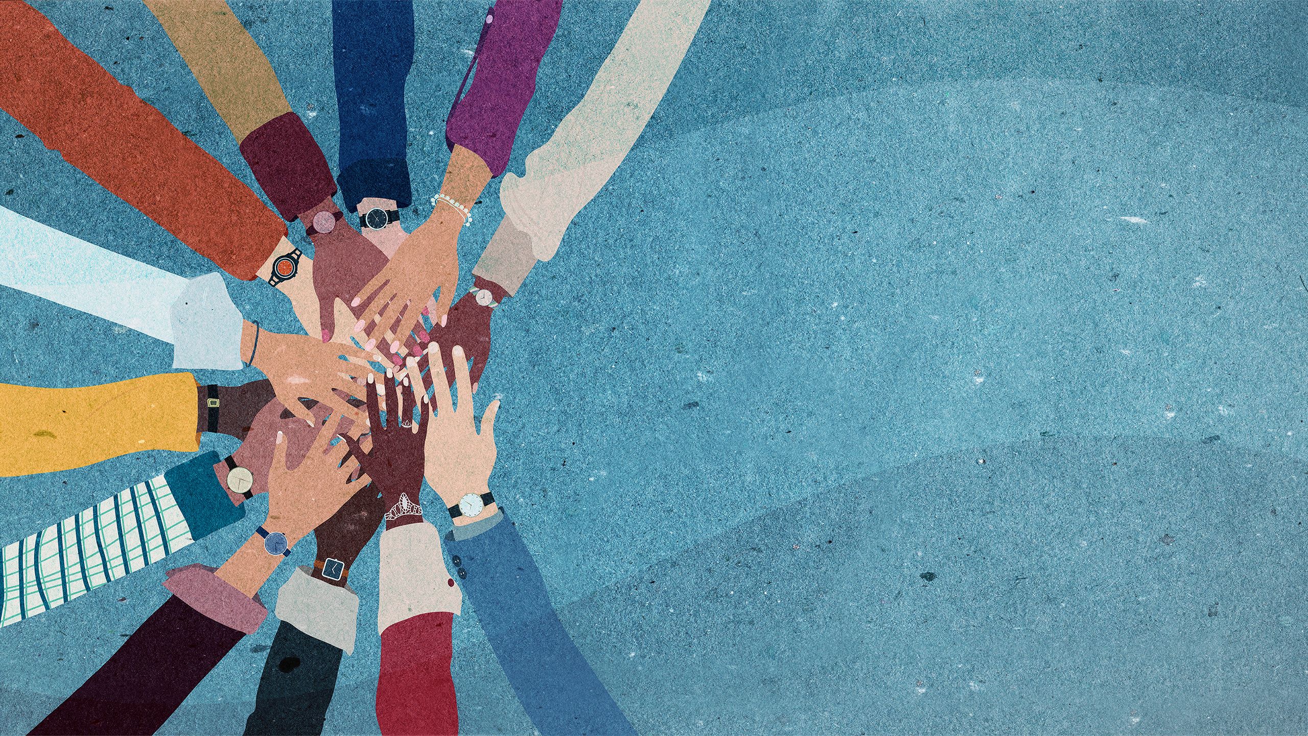 An illustration of many outstretched arms. The hands meet in the middle and are stacked on top of each other.