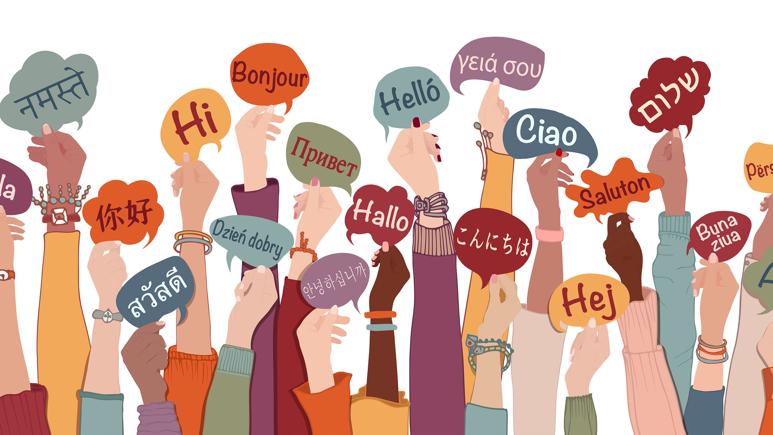 An illustration of many hands holding up signs. On each sign, the word 'hello' is written in a different language.