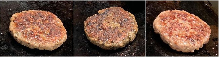 Close-ups of three cooked burger patties sitting on a black surface