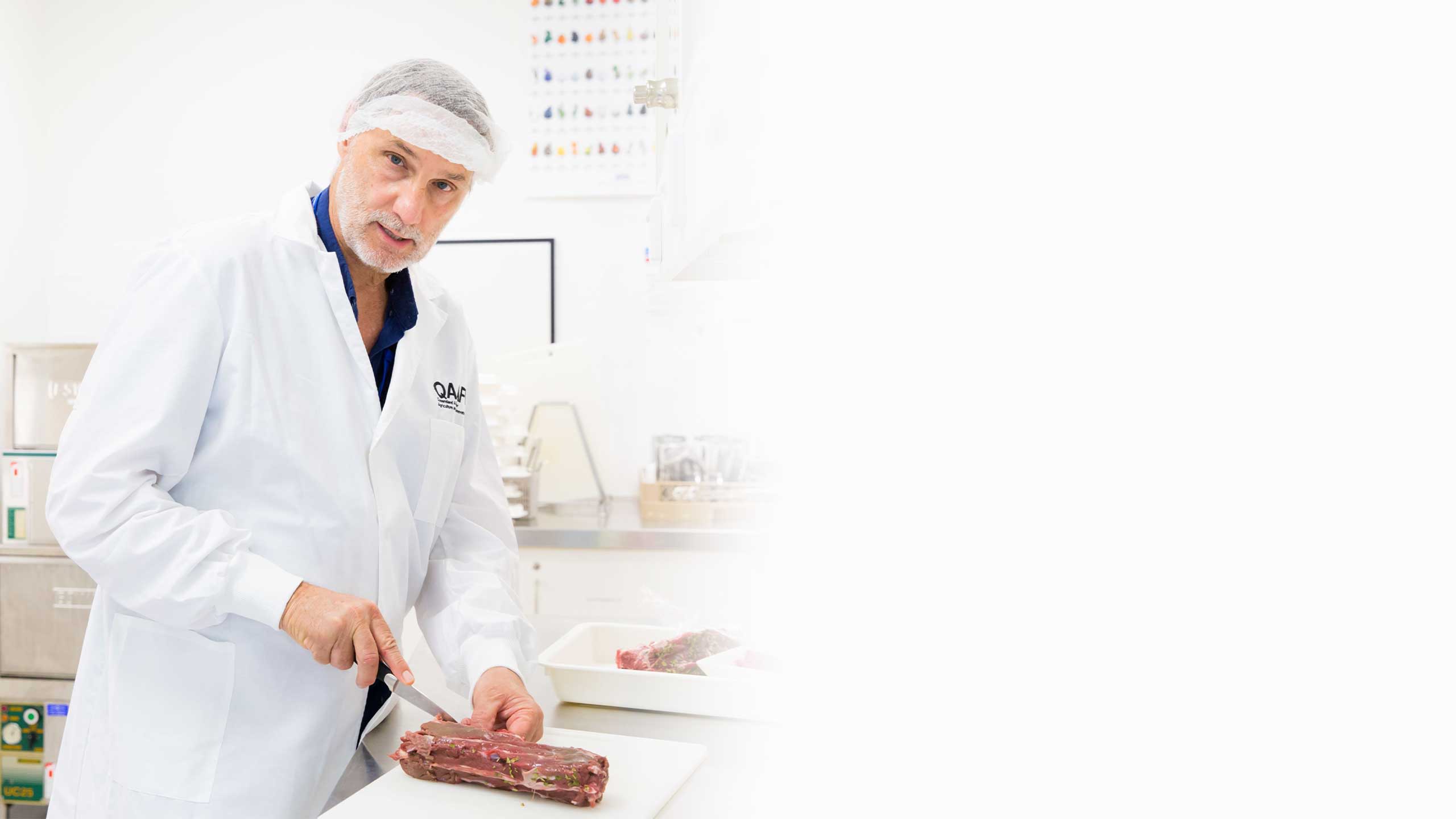 Professor Louw Hoffman in a science lab wearing a white coat and hair net and slicing a long and narrow piece of meat.
