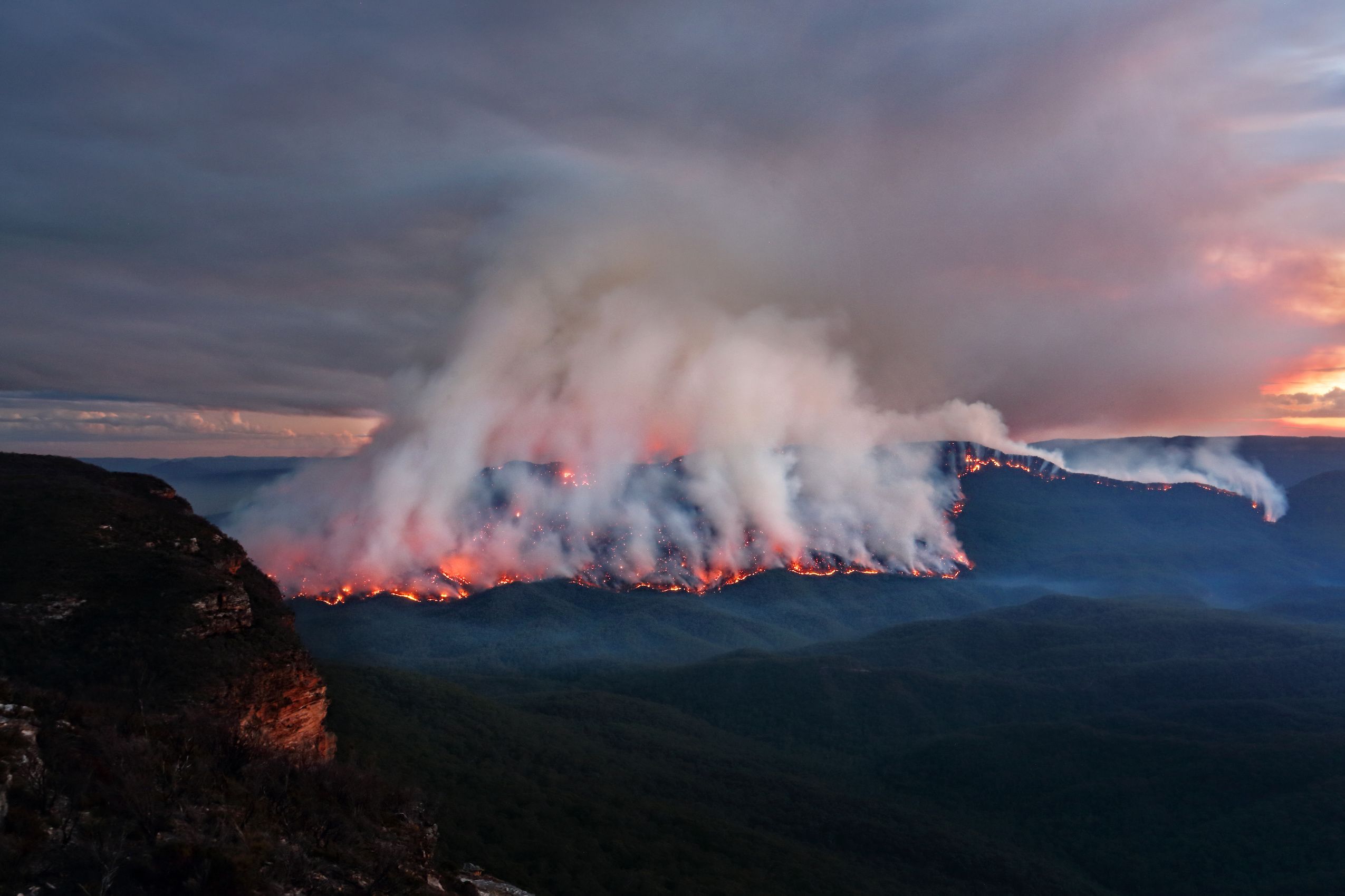 A bushfire on a mountain ridge