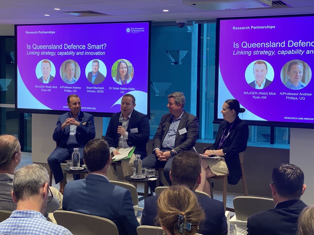 The panel, from left to right: Retired ADF major general Mick Ryan, UQ Associate Professor Andrew Phillips, QDSA director Stu Blackwell, and panel chair UQ Associate Director Defence, Space & National Security Dr Greta Nabbs-Keller.