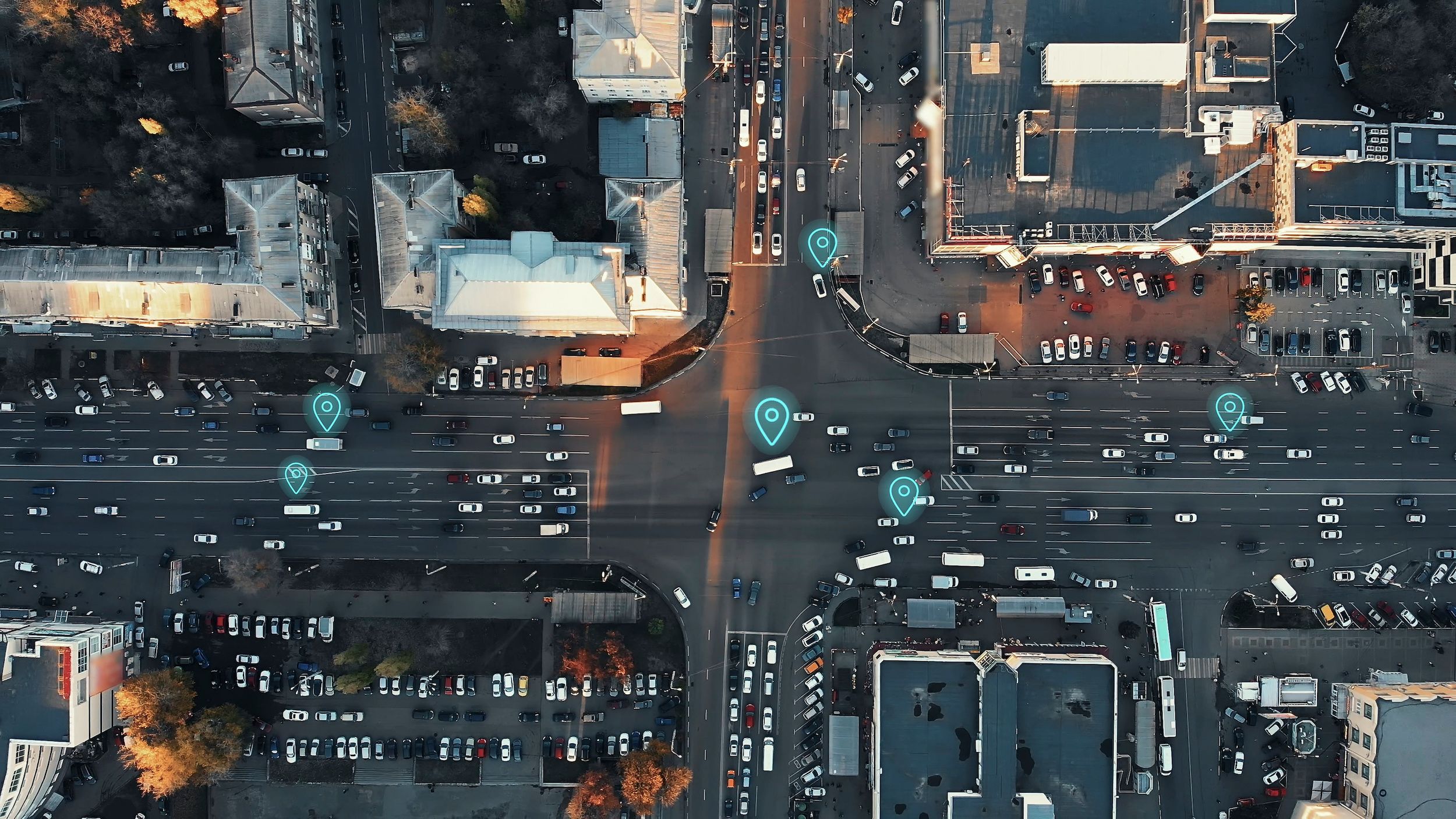 An aerial view of a city intersection