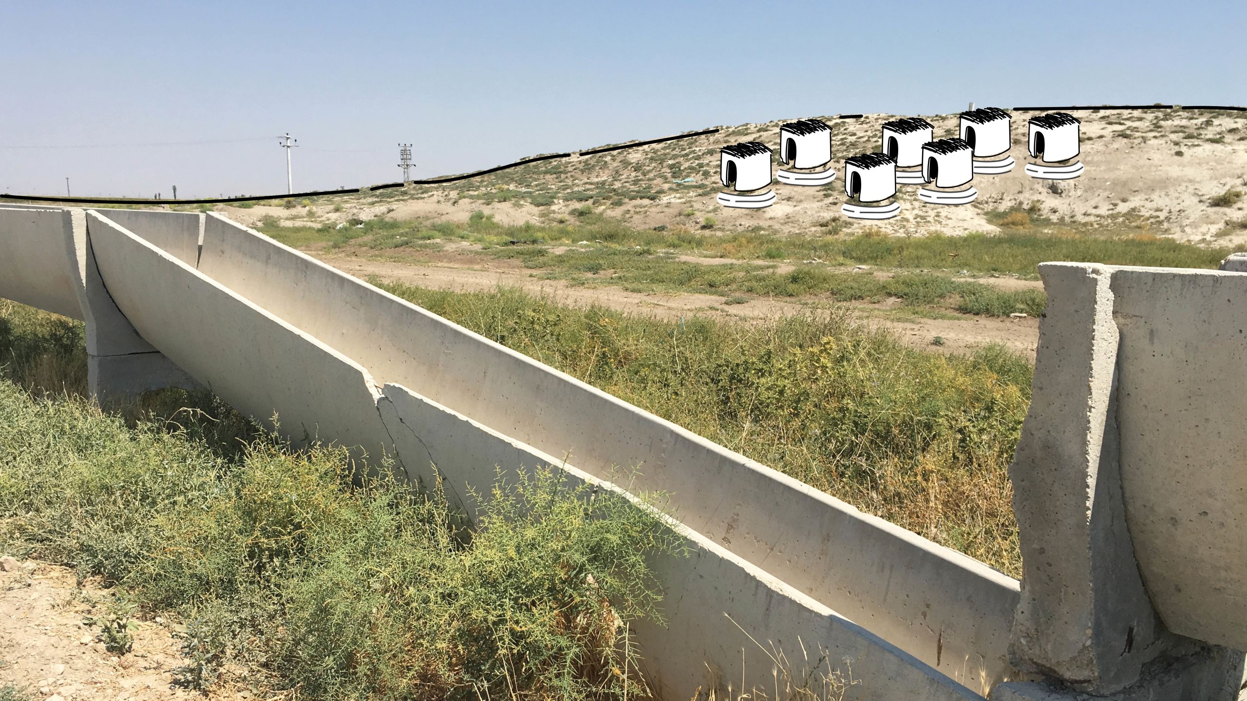 New cartoon houses appear on the rubble of older houses