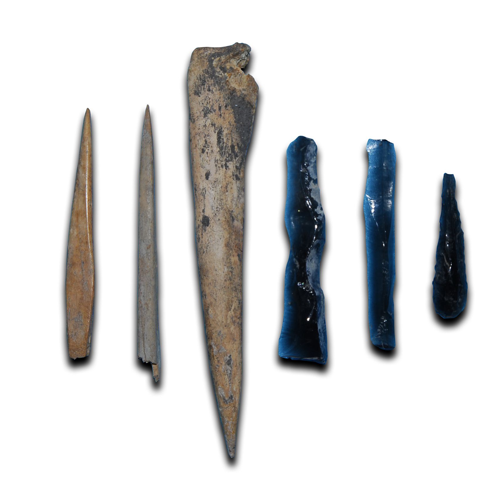 Three bone tools and three made of blue glass