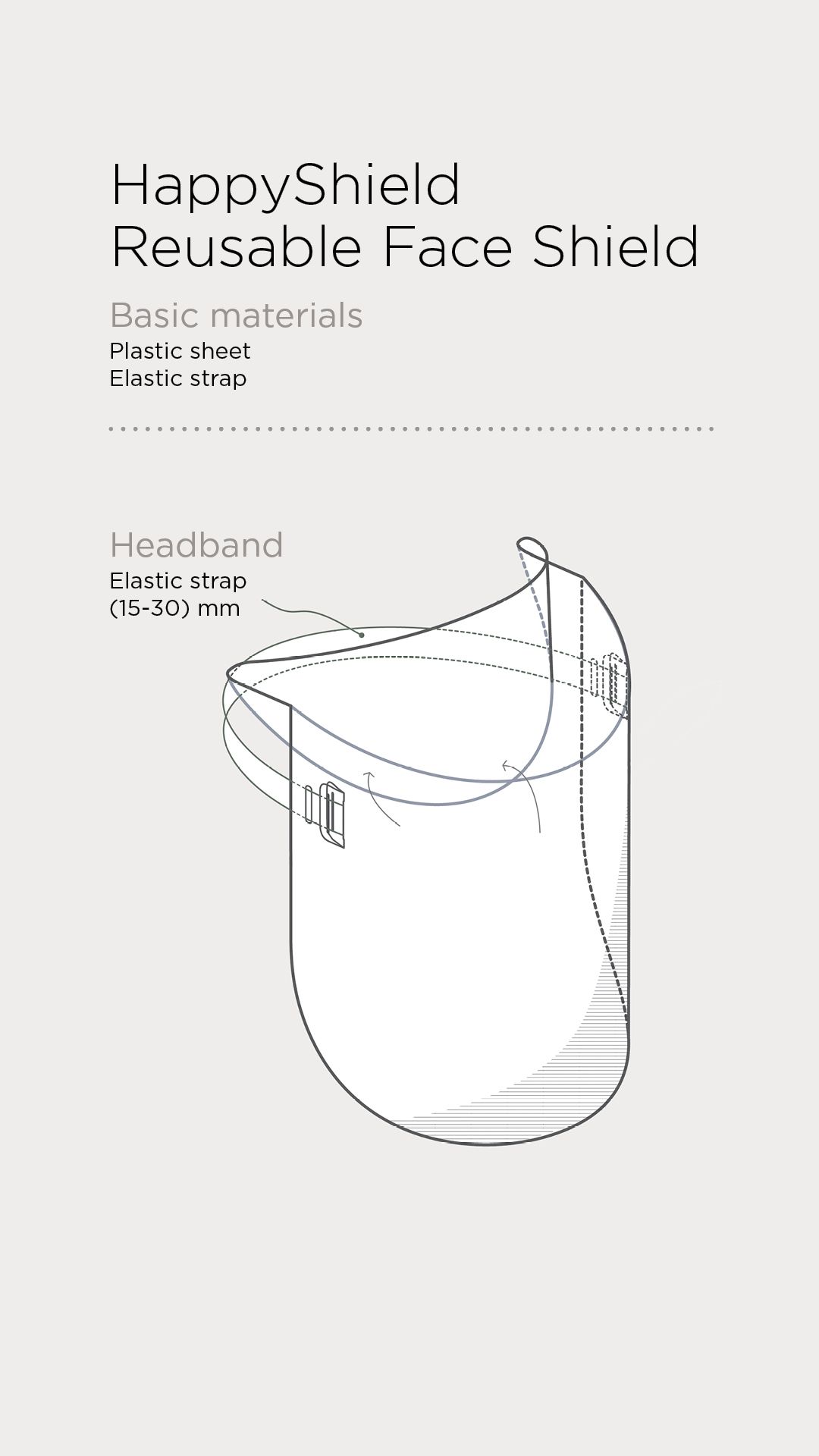 The HappyShield features a headband made out of a 15 to 30 millimetre elastic strap.