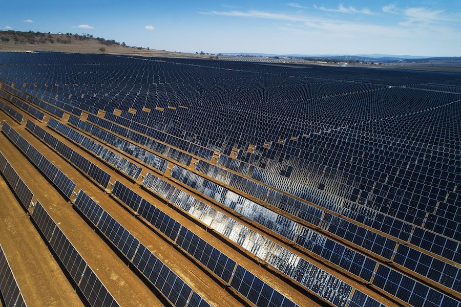 Lines of solar panels at UQ's Warwick Solar Farm.