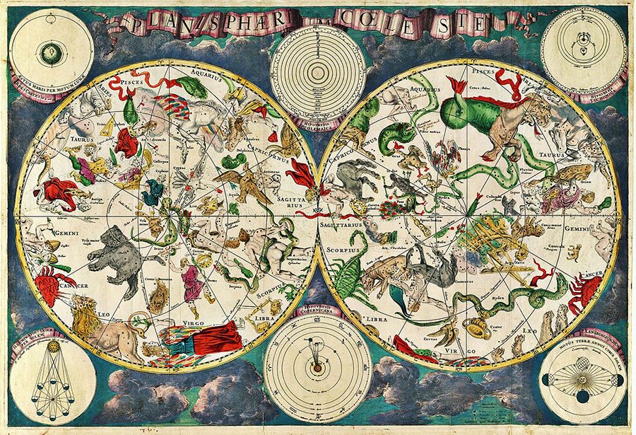 image of a very old colour illustration A celestial map by the Dutch cartographer Frederik de Wit, 1670 from the Public Domain