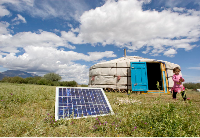 Solar panel in front of Mongolian yurt. Image: Saka Bayarsaikhan.