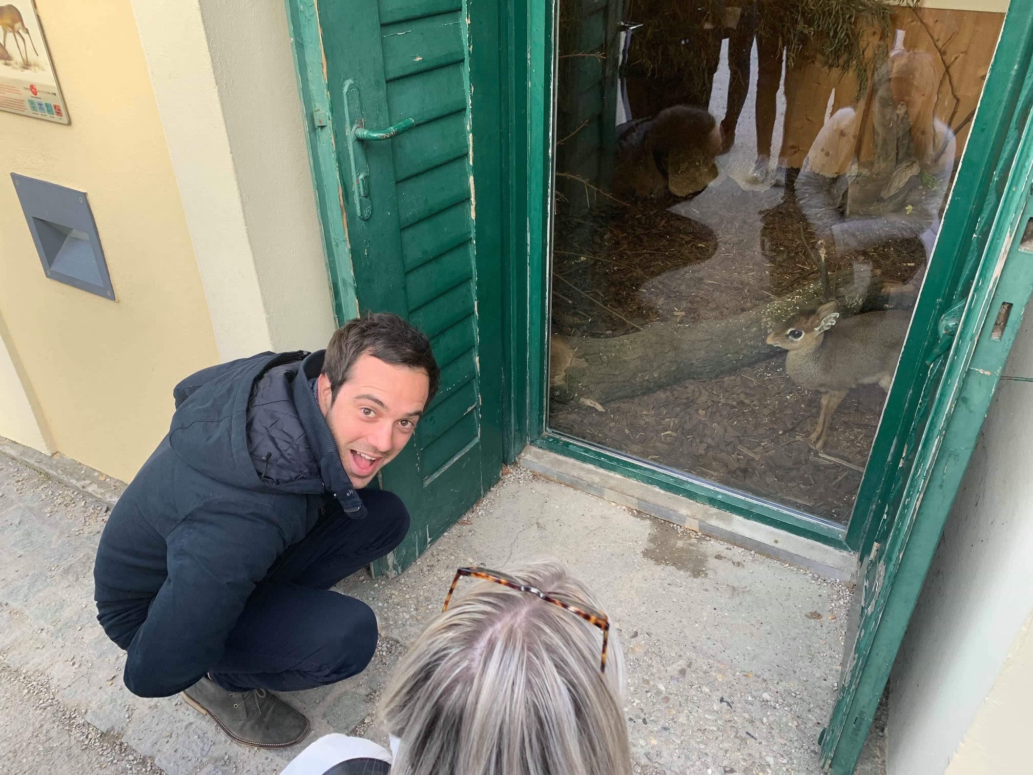 Jack at the zoo, meeting a small furry creature.