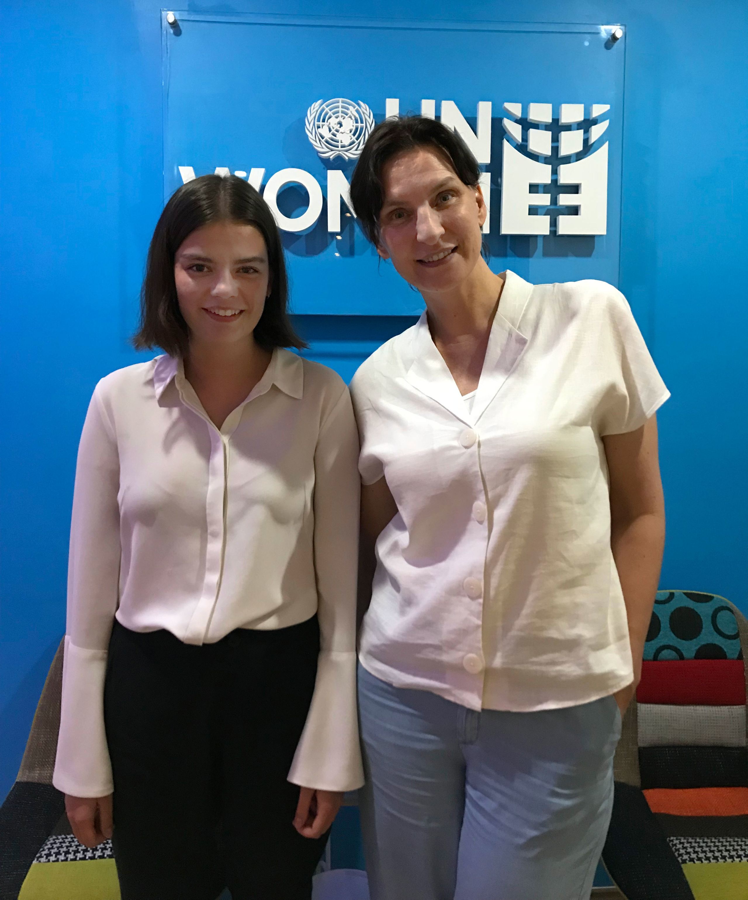Isabelle standing next to UN Women program specialist for Women, Peace and Security, Doreen Buettner. 