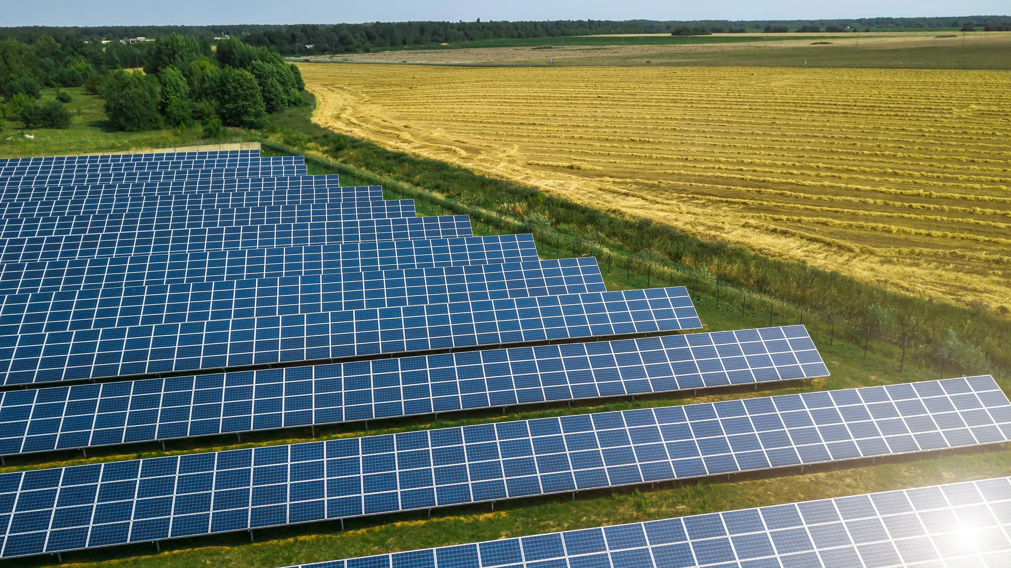 Aerial shot top view of solar panel photovoltaic farm