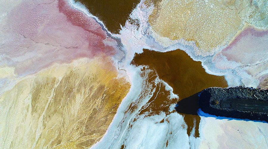 Gold mine tailings dam in South Australia showing amazing colour variation from 100m in the air