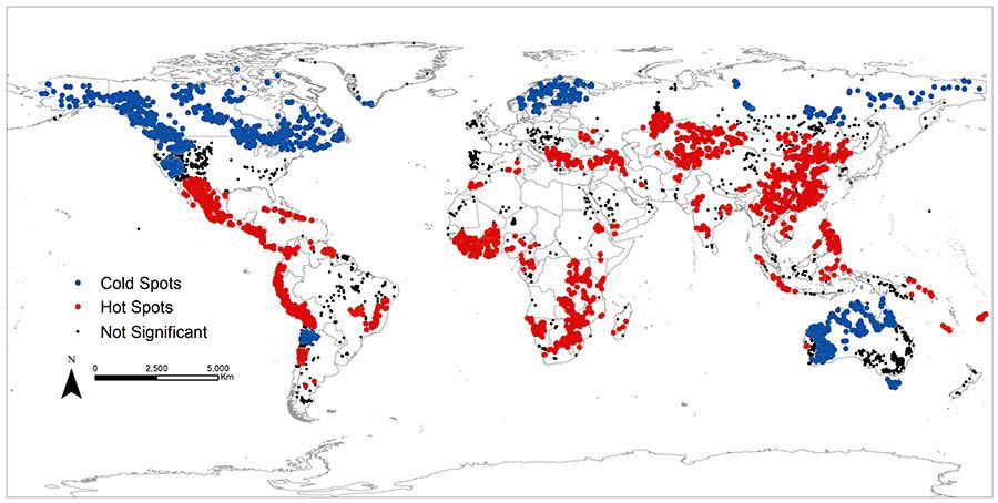 World map with hot spots, cold spots marked.
