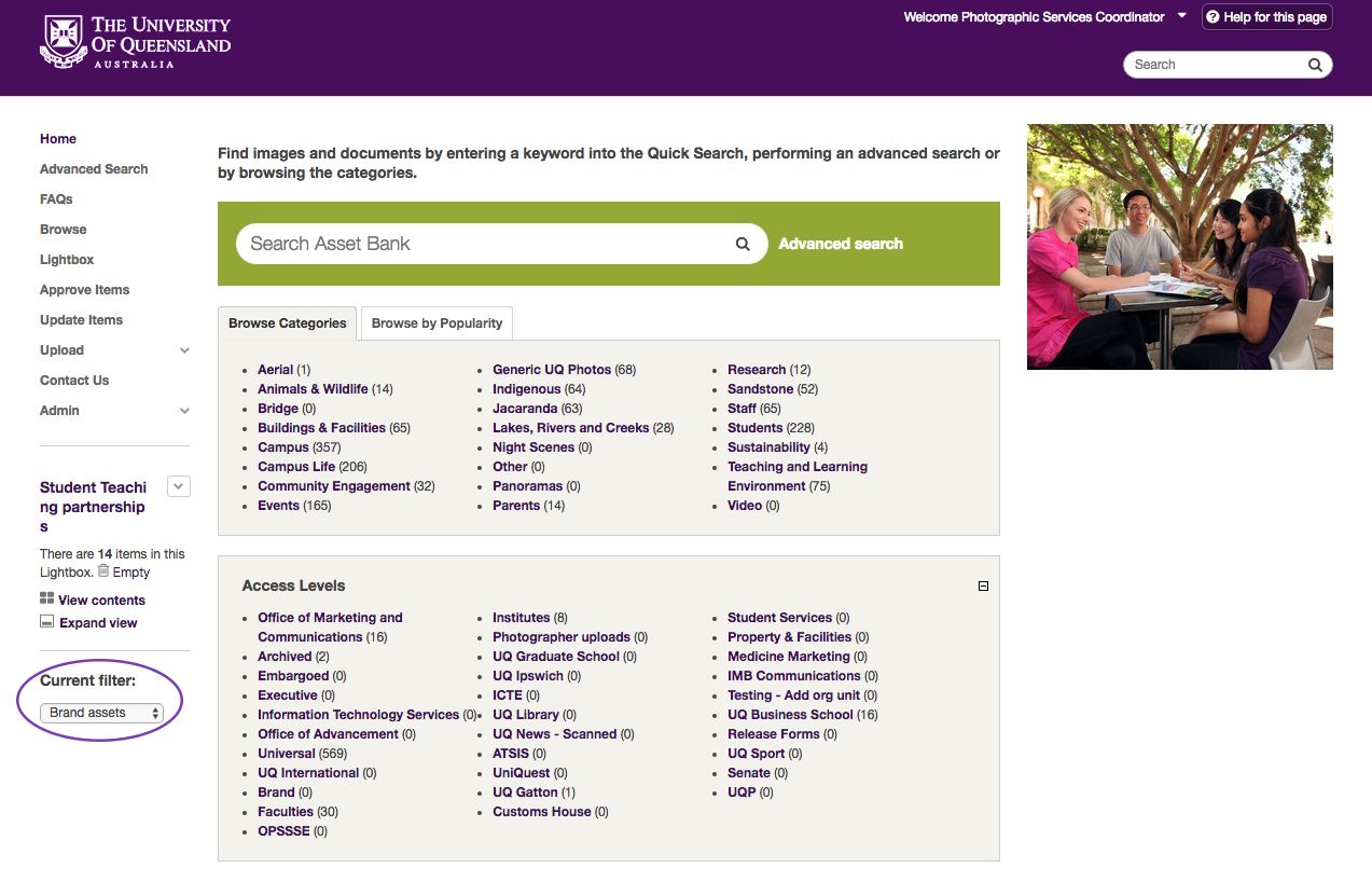 A screen shot of UQ Image Library homepage