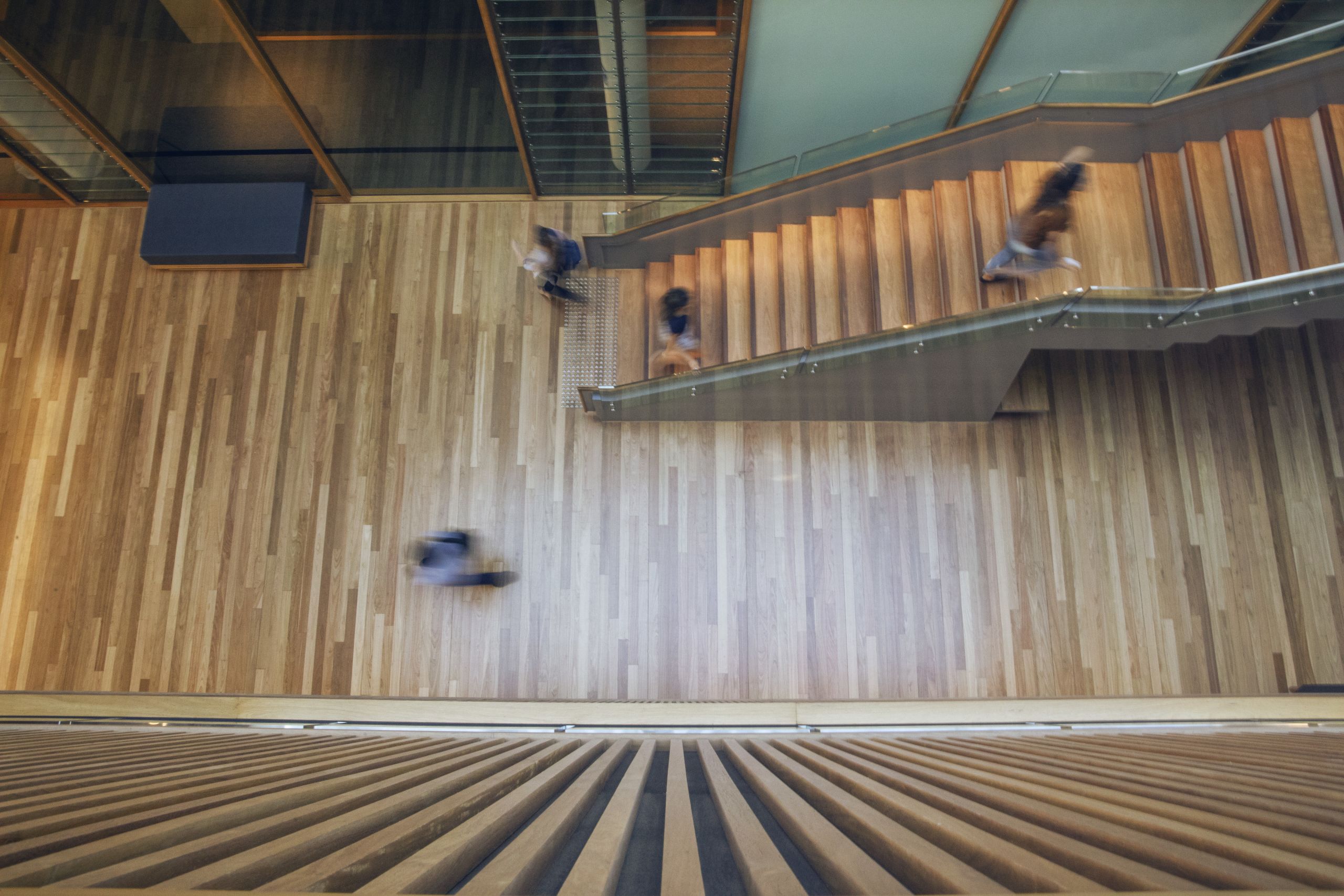 Arial image of students walking up stairs at the Advanced Engineering Building