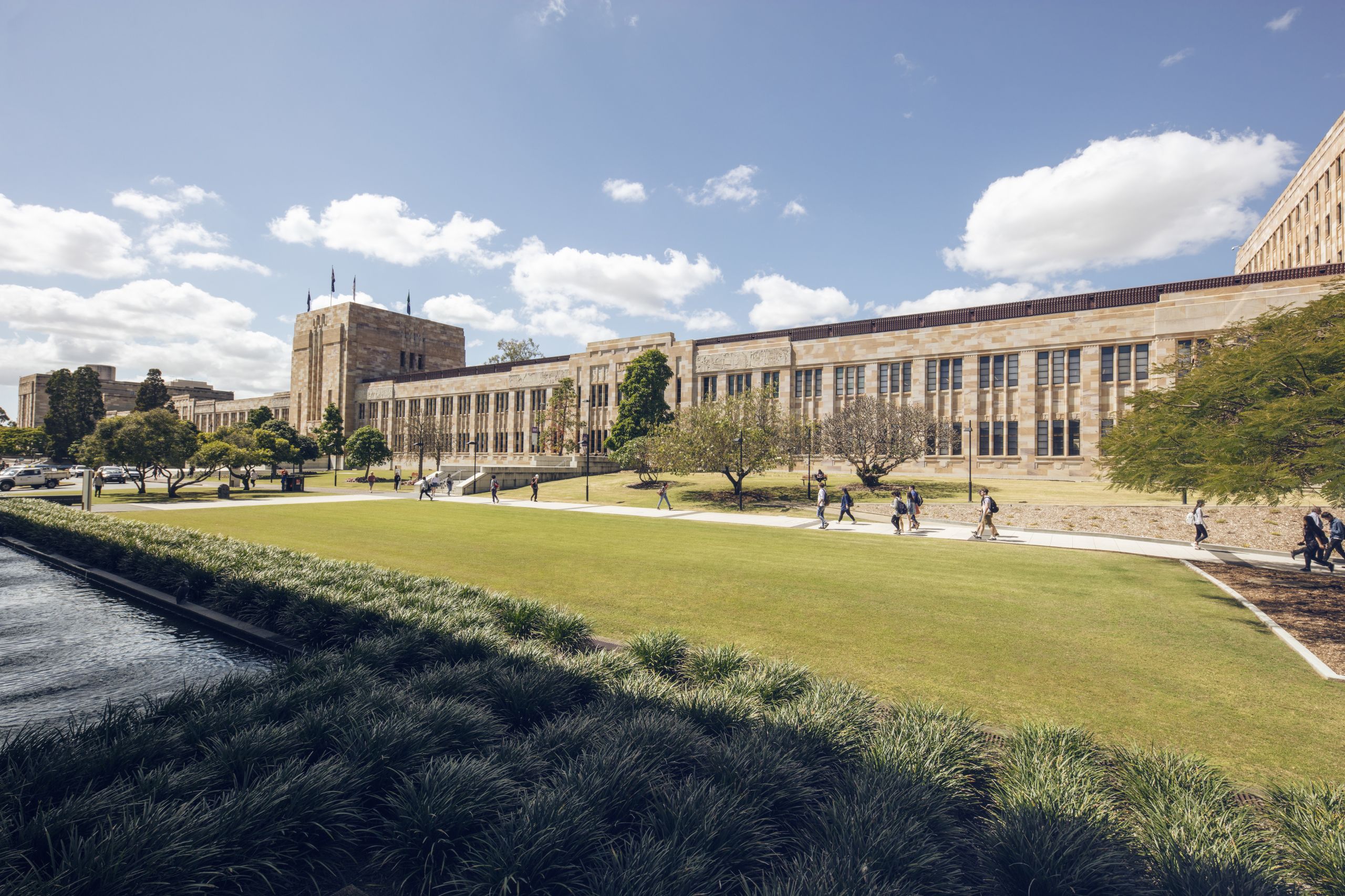 Image of students walking outside the Forgan Smith building at UQ St Lucia