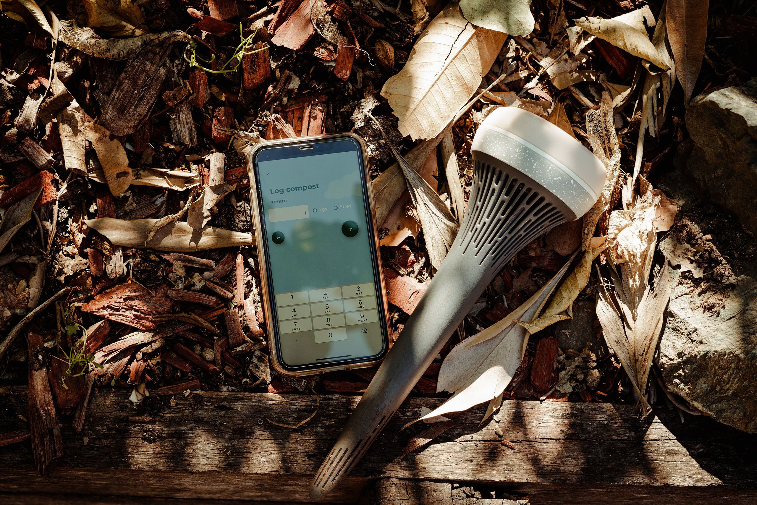 A smartphone displaying the Monty app and a Monty device on a background of fallen leaves.